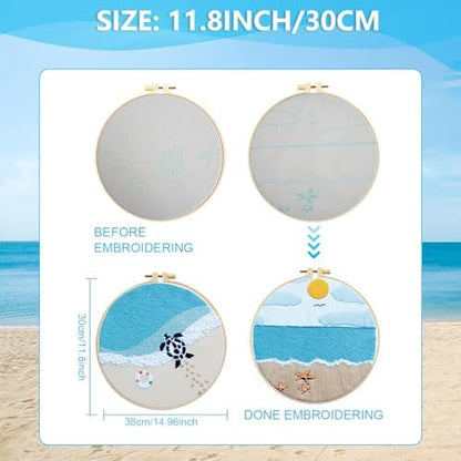 4 Set Ocean Embroidery Kit for Beginners Adults Embroidery Starter Kit Ocean Beach Pattern Spring Summer Hand Crewel Embroidery Kit Cross Stitch Kit Include Instruction 2 Hoops Color Threads Needles - Image 2