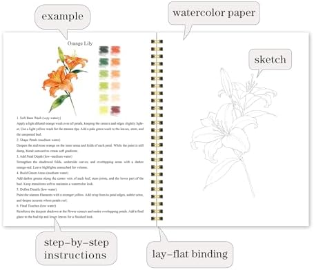 Watercolor Workbook for Beginners – Flowers, 16 Original Watercolor Projects, Lay-Flat Watercolor Paper Book(9.45 × 7.48 in), Water Coloring Book for Adults, Art Gift - Image 4