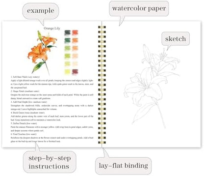 Watercolor Workbook for Beginners – Flowers, 16 Original Watercolor Projects, Lay-Flat Watercolor Paper Book(9.45 × 7.48 in), Water Coloring Book for Adults, Art Gift - Image 4
