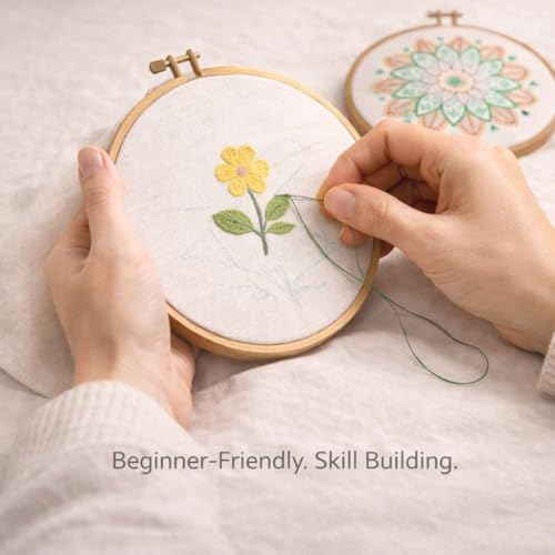 BUZZCRAFT Embroidery Starter Kit for Beginners & Adults, Learn 30+ Stitches, 10 Pre-Printed Practice Patterns, Hand Embroidery Kit with Hoop, Needles, Floss & Instruction Book, DIY Sewing Craft Kit - Image 4