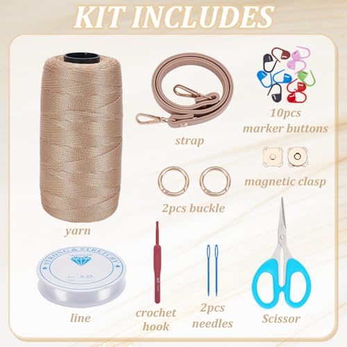 FREEBLOSS DIY Crochet Bag Making Kit Crochet Starter Kit with Video Tutorial PU Leather Handle Handmade Shoulder Bag Set for Beginners Birthday Gift Beige - Image 2