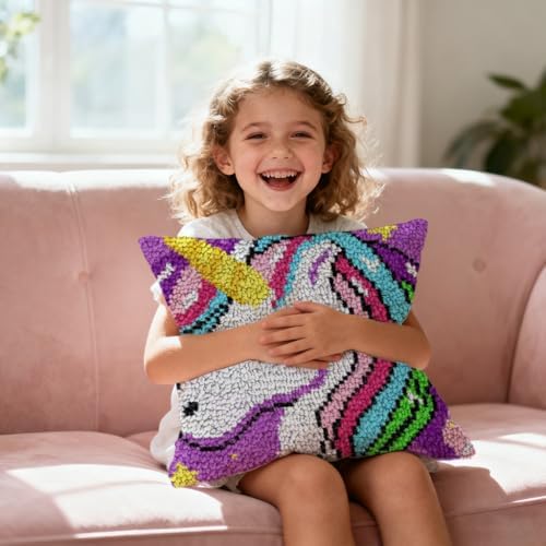 Howie's Latch Hook Kits, DIY Rainbow Unicorn Latch Hook Pillow Kit for Adults Crochet Yarn Kits, Color Preprinted Pattern Embroidery Sofa Cushion Cover (Rainbow Unicorn, 16.93 x 16.93 inch) - Image 3