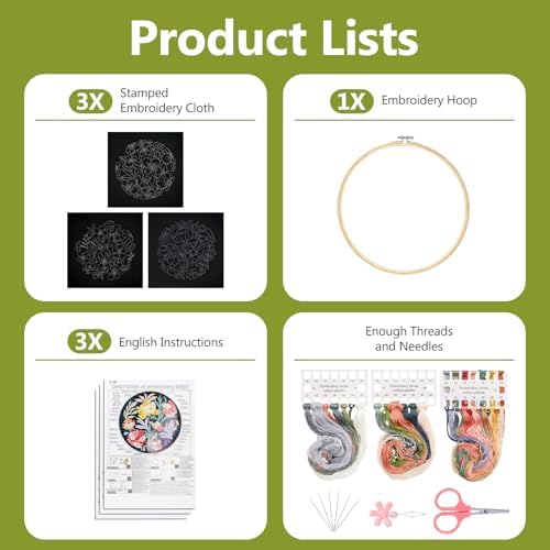 Santune 3 Pack Embroidery Kit for Beginners, Needlepoint Cross Stitch Kits for Adults,Needle Point Sets with Stamped Petal Pattern Stitch Video Tutorial - Image 5