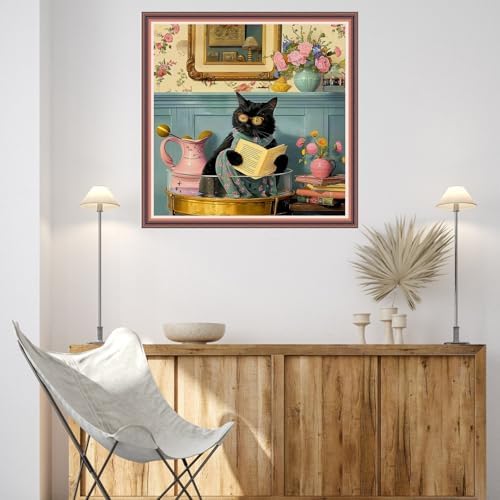 Dooxvey Cross Stitch Kits for Adults Beginners,Full Range of Cross-Stitch Stamped Kits Needlepoint Kits for Beginners Embroidery Kits 11CT Cross Stitch Patterns-Cat Reading 18x18 inch - Image 2