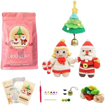 minimal beee Beginner Christmas Crochet Kit - 3-Piece Santa & Mrs. Claus Set, Complete Craft Supplies with Video Tutorials for Christmas Tree Decor.Gift Hobby for Adults by minimalbeee
