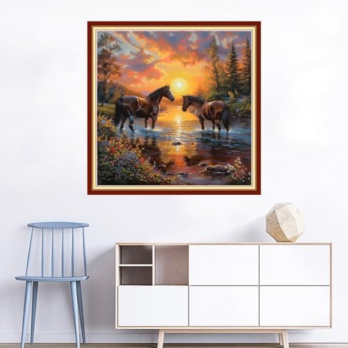 Joyhoor Cross Stitch Kits for Beginners Stamped Cross-Stitch Supplies Needlework preprint Embroidery Kits for Adults DIY Needlepoint Kits Embroidery Patterns 11CT-Sunrise Couple Steed 18x18 inchs - Image 2
