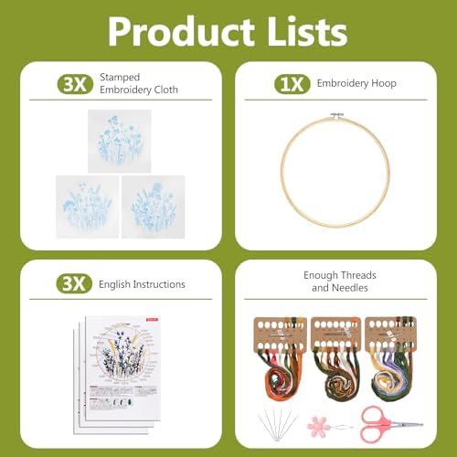 Santune 3 Pack Embroidery Kit for Beginners, Needlepoint Cross Stitch Kits for Adults,Needle Point Sets with Stamped Wild Flower Pattern Stitch Video Tutorial - Image 4