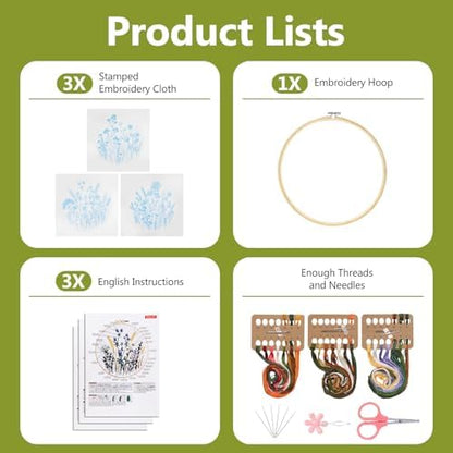 Santune 3 Pack Embroidery Kit for Beginners, Needlepoint Cross Stitch Kits for Adults,Needle Point Sets with Stamped Wild Flower Pattern Stitch Video Tutorial - Image 4