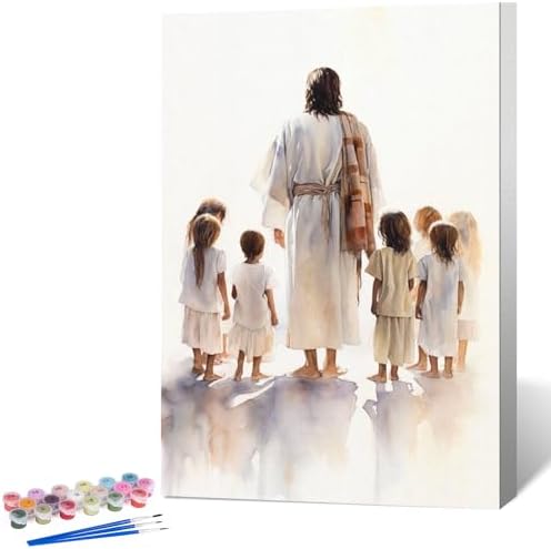 Framed Paint by Numbers Kit for Adults, Jesus with Children 8x12 Inch by Okarina