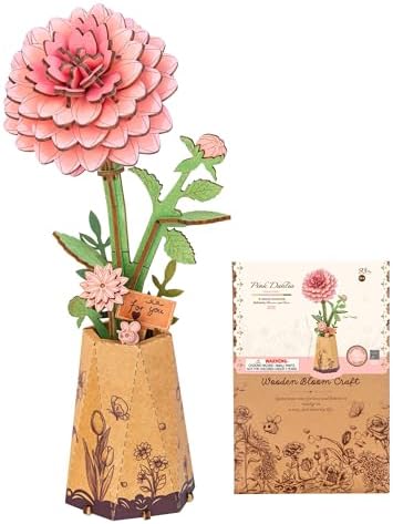 ROBOTIME Pink Dahlia 3D Wooden Puzzle - DIY Flower Craft Kit for Adults, Buildable Artificial Dahlia Model, Valentine's Day Gift for Her, Home Office Decor, Birthday Mother's Day Present by ROBOTIMEBuildingThingstoLife