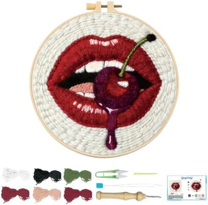 BEUNITONE Mouth and Cherry Punch Needle Kit for Adults Beginners, Complete DIY Craft Needlepoint Kits with Hoop, Punch Needle Starter Craft Embroidery Set for Festival Gift and Home Decor 20x20cm by BEUNITONE