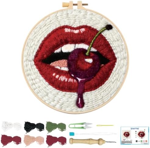 BEUNITONE Mouth and Cherry Punch Needle Kit for Adults Beginners, Complete DIY Craft Needlepoint Kits with Hoop, Punch Needle Starter Craft Embroidery Set for Festival Gift and Home Decor 20x20cm by BEUNITONE