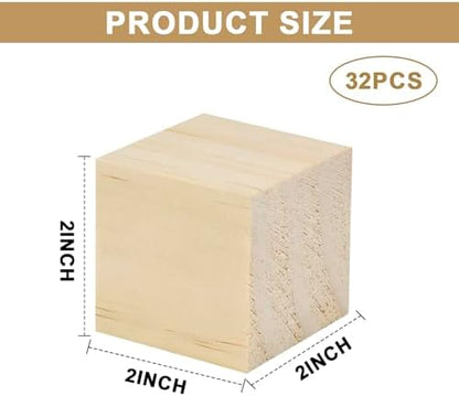 32 Pack Unfinished Wood Blocks, 2 Inch Solid Wood Cubes for Crafts - Image 2