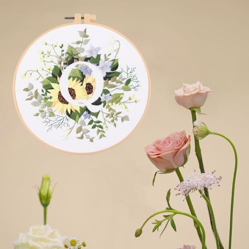 IUHUI Embroidery Kit for Beginners Adults - 26 Floral Letters Easy Patterns, DIY Hand Stitching Embroidery Set with Hoop (Flower and Grass Letter Q) - Image 3