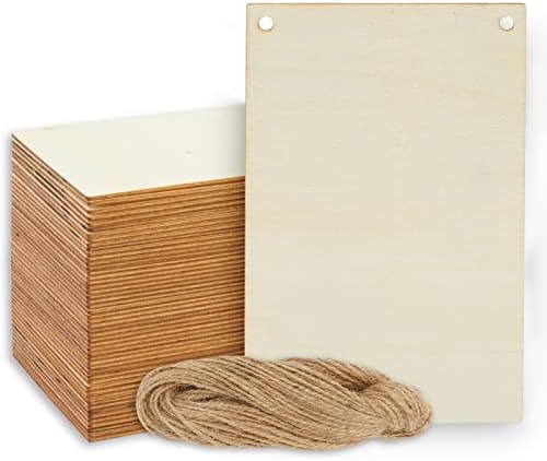 Bright Creations Unfinished Wood Craft Blanks - 3.75 x 5.75 in, Pack of 50 - Jute String Included for Blank Wood Signs & Banners - Great for Stenciling, String Art & DIY Painting - Wooden Plaques Bulk by BrightCreations