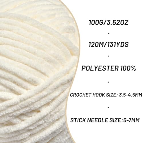 Plush Chenille Chunky Crochet Yarn - Baby Yarn for Crocheting Soft - Velvet Yarns Knitting for Blankets Crafts - Fluffy Amigurumi Yarns 100g / 131yd (White) - Image 2