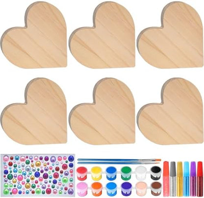 Wood Heart Painting Kit, 6 Unfinished Wooden Hearts with Craft Paint Set for Couples Activity, Blank Heart Signs for DIY Crafts, Personalized Tabletop Decor and Romantic Gift by Unknown