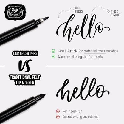 Craft 'n' Beyond Calligraphy Brush Pens Pack of 3 Small, Medium and Large Markers for Hand Lettering, Art Drawing, Sketching, Scrapbooking, Writing, Journaling - Beginner Kit with Fadeproof Black Ink - Image 2