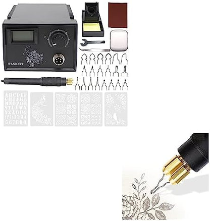 Professional Wood Burning Kit with One Pyrography Pen Single Wood Burner with 20 Wood Burning Tips with Case and 5PCS Stencils and one wood burning pen by Wandart