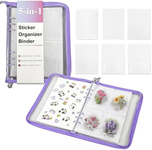 5-in-1 Sticker Organizer Book Reusable A5 Storage Binder with 220 Pockets,10 Release Papers, Zipper Album Sticker Collecting Display Keeper (Purple) by EASTVIO