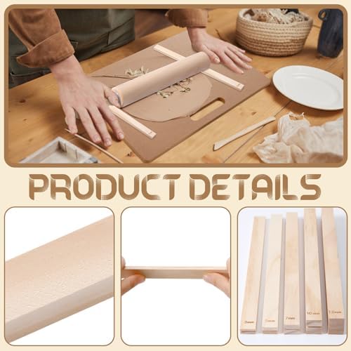 Newtay 12 Pcs Pottery Tools Include 1 Wood Rolling Pin Sculpting Polymer Clay Tools 1 Portable Wedging Board for Pottery with Built in Handle and 10 Pcs 5 Size Pottery Teaching Rolling Mud Stick Guide - Image 5
