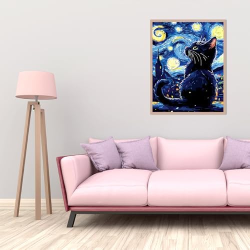 AALBLAC Black Cat Paint by Numbers Kit for Adults Beginners, Cat Adult Paint by Number Kits on Canvas, DIY Acrylic Starry Night Oil Painting for Home Wall Decor 16x20 Inch - Image 4