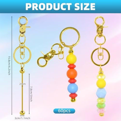 60 Pcs Beadable Keychains Bulk Kit – DIY Keychain Making Supplies with Metal Blanks for Crafts, Jewelry, Charms, Custom Projects – Blank Chain Bars for Beaded Keychain Design (Golden) - Image 2