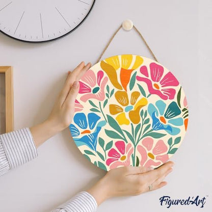 Figured'Art Paint by Numbers Kit for Adults on Wood Slice, 11.8in Diameter - Colorful Floral Pattern - Craft Art Painting DIY Canvas - Image 3