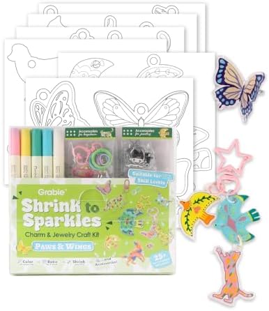 Grabie Shrink Art Craft Kit of 25+ Shapes, Markers & Charms, Paws & Wings by Grabie
