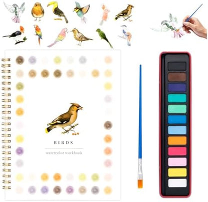 Watercolor Workbook for Adults, Beginner Friendly Watercolor Painting Kit Birds Water Coloring Book, Nature-Themed Practice Art Gift Water Color Paint Book with Palette and Brush by Kivzex