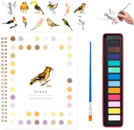 Watercolor Workbook for Adults, Beginner Friendly Watercolor Painting Kit Birds Water Coloring Book, Nature-Themed Practice Art Gift Water Color Paint Book with Palette and Brush by Kivzex