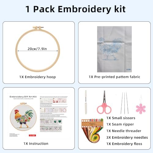 Herdiese Embroidery Kit for Beginners, Rooster Flower Set with Hoop - Image 2