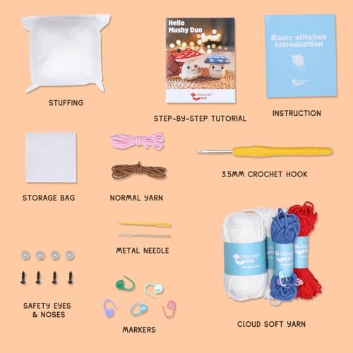 Crochet Kit for Beginners: 2 PCS Red & Blue Mushroom Starter Crochet Kits with Step-by-Step Video Tutorials and Yarns, Hook, Accessories, DIY Craft Gift for Adults and Teen(30%+ Yarn) - Image 3