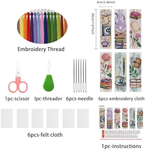 6PCS Cross Stitch Bookmark Kit for Adult Beginners flowers Cross Stitch Kits with Backing Felt Floss Instruction DIY Stamped Embroidery Bookmark Kit for Starter Adults Book Lovers (2.3x7.8 inch) - Image 2