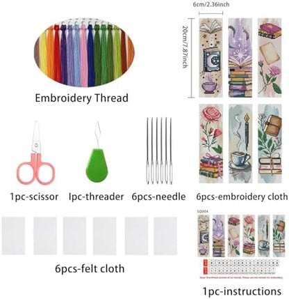 6PCS Cross Stitch Bookmark Kit for Adult Beginners flowers Cross Stitch Kits with Backing Felt Floss Instruction DIY Stamped Embroidery Bookmark Kit for Starter Adults Book Lovers (2.3x7.8 inch) - Image 2
