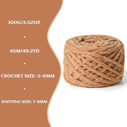 Plush Chenille Chunky Yarn 100g (49.2yd) - Fluffy Velvet Yarn Crochet for Blanket Knitting and Crocheting - Baby Yarns for Crocheting Soft - Amigurumi Yarns (Khaki) - Image 3