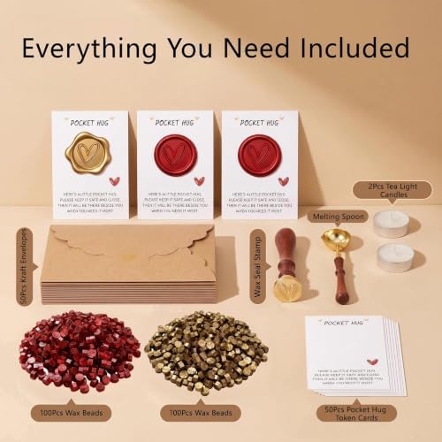 Comealltime 50 Sets Pocket Hug Token Small Gift Bulk Cards and Envelopes with Heart Shape Wax Seal Stamp, Sealing Beads, Wax Seal Kit for DIY Exchange Relationship Cards - B - Image 2