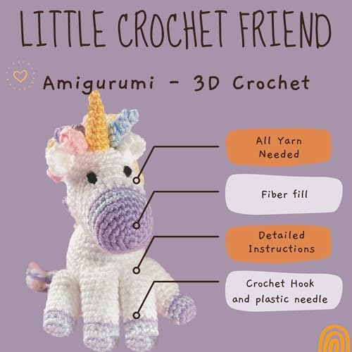 LEISURE ARTS Little Crochet Friend Animals Crochet Kit, Unicorn, 8", Complete Kit, Learn to Animal Starter Kit for All Ages, Includes Instructions, DIY Amigurumi Kits - Image 3