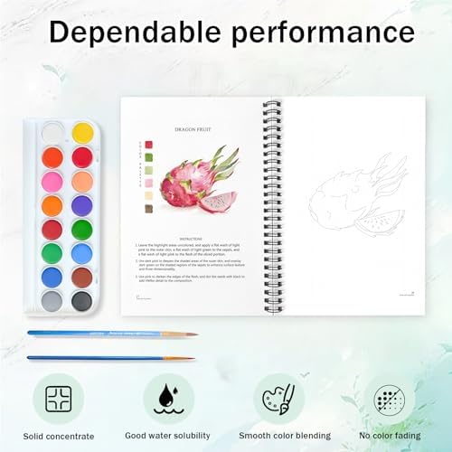 Watercolor Workbooks for Adults Beginners & Teens, 16 Colors 15 Beautiful Paintings, Pre-Outlined Designs, Easy Watercolor Art Book（Fruits & Vegetable） - Image 3