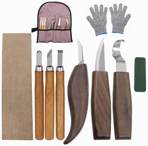 10Pcs Wood Carving Knife Set, Black Walnut Wood Carving Kit with Detail Wood Knife, Whittling Knife, Hook Knife for Beginners, DIY, Carving Knife Sharpener for Spoon, Bowl, Pumpkin, Cup by Farady