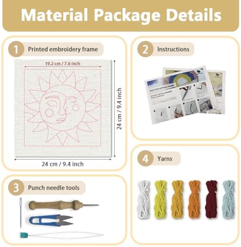 Doodlream Sun and Moon Needle Kit for Beginner, 9.4"x 9.4" Cartoon Face Punch Stitching Craft Set, Color DIY Embroidery Starter with Printed Frame, Instruction, Threader, Yarn, Pinch Needle - Image 2