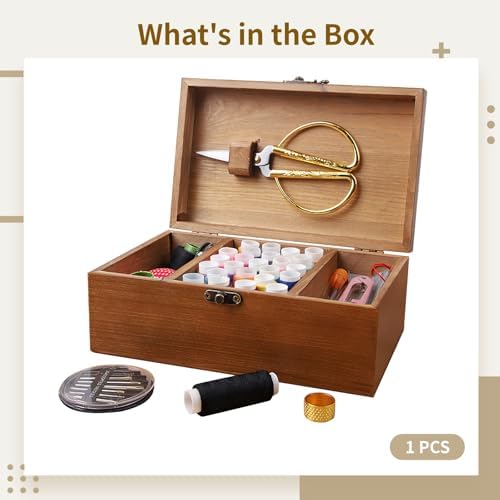 Classic Wooden Sewing Kit for Beginners, Sewing Tools with Scissors, Thread Spools, Needles, Buttons, Ideal for Adults, Handy for Travel - Image 5