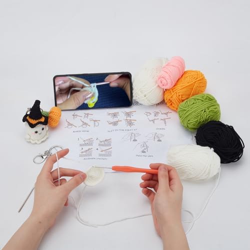 ORIGACH 4 Pcs Halloween Ghost and Mini Pumpkin Crochet Kit for Beginners, DIY Crochet Kit for Adults, Complete Crochet Keychain Set with Step by Step Video Tutorial for Halloween Parties Gatherings - Image 5