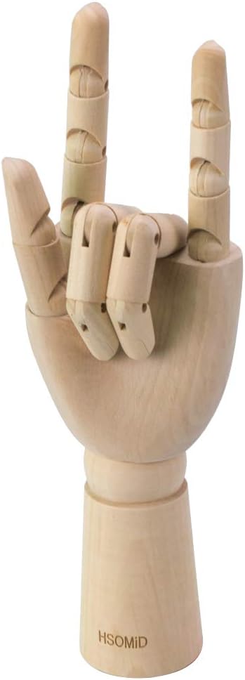 HSOMiD Flexible Wooden Artist Manikin - Moveable Hand Figure, 12 Inches, Men's Left Hand for Sketching, Drawing, Painting & Home Office Decoration