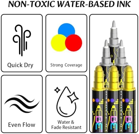 Betem 6 Gold&Silver Dual Tip Acrylic Paint Markers, Fabric Decorating Kits Premium Water-Based Acrylic Paint Pens Art Supplies for Fabric, Rock, Wood, Glass, Canvas, Ceramic, Teacher Appreciation Gift - Image 3