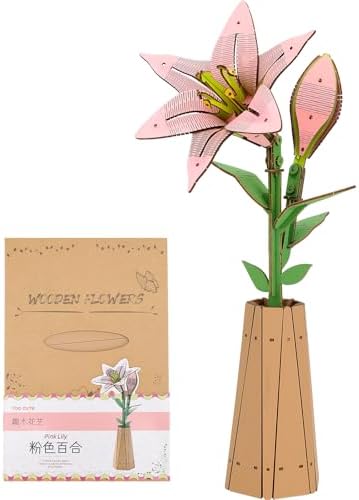 3D Wooden Pink Lily Flower Puzzle,DIY Artifical Flower Building Set Craft Kit,Home Decor,Housewarming,Mother's Day/Birthday/Christmas Day Gift for Mom and Women by NUBAUTO