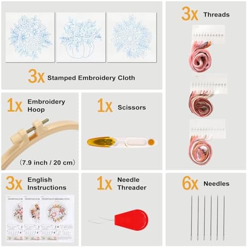 Sivilife Embroidery Kit for Beginners, 3 Sets Stamped Cross Stitch Kits for Beginner, Floral Pattern Embroidery Starter Kits for Adults with Embroidery Hoop Instructions Threads and Needles Scissors - Image 2