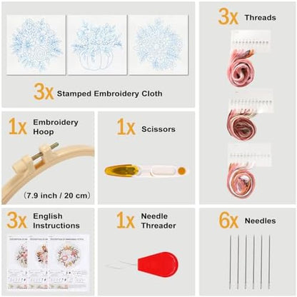 Sivilife Embroidery Kit for Beginners, 3 Sets Stamped Cross Stitch Kits for Beginner, Floral Pattern Embroidery Starter Kits for Adults with Embroidery Hoop Instructions Threads and Needles Scissors - Image 2