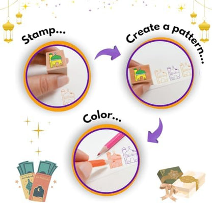 Ramadan & Eid Crafts Set with Stamps DIY Card-Making Kit for Kids 40 Pieces 11 Wooden Stamps, 12 Cards & Envelopes, 5 Pencils, Dual-Color Ink Pad, Ramadan Stickers-Islamic Gifts, Ramadan Decor - Image 5