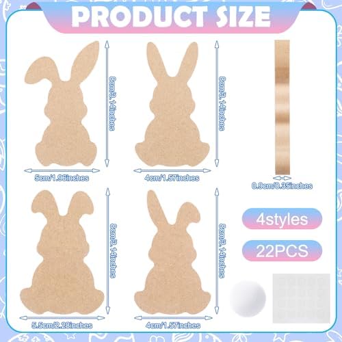 Menkxi 22 Pcs Easter Wooden Bunny Cutouts for Crafts Unfinished Easter Wood Cutouts Bunny Table Sign Rabbit Tabletop Decoration with 22 White Felt Balls Pom Ball 60 Adhesive Dots for DIY Craft Spring - Image 2